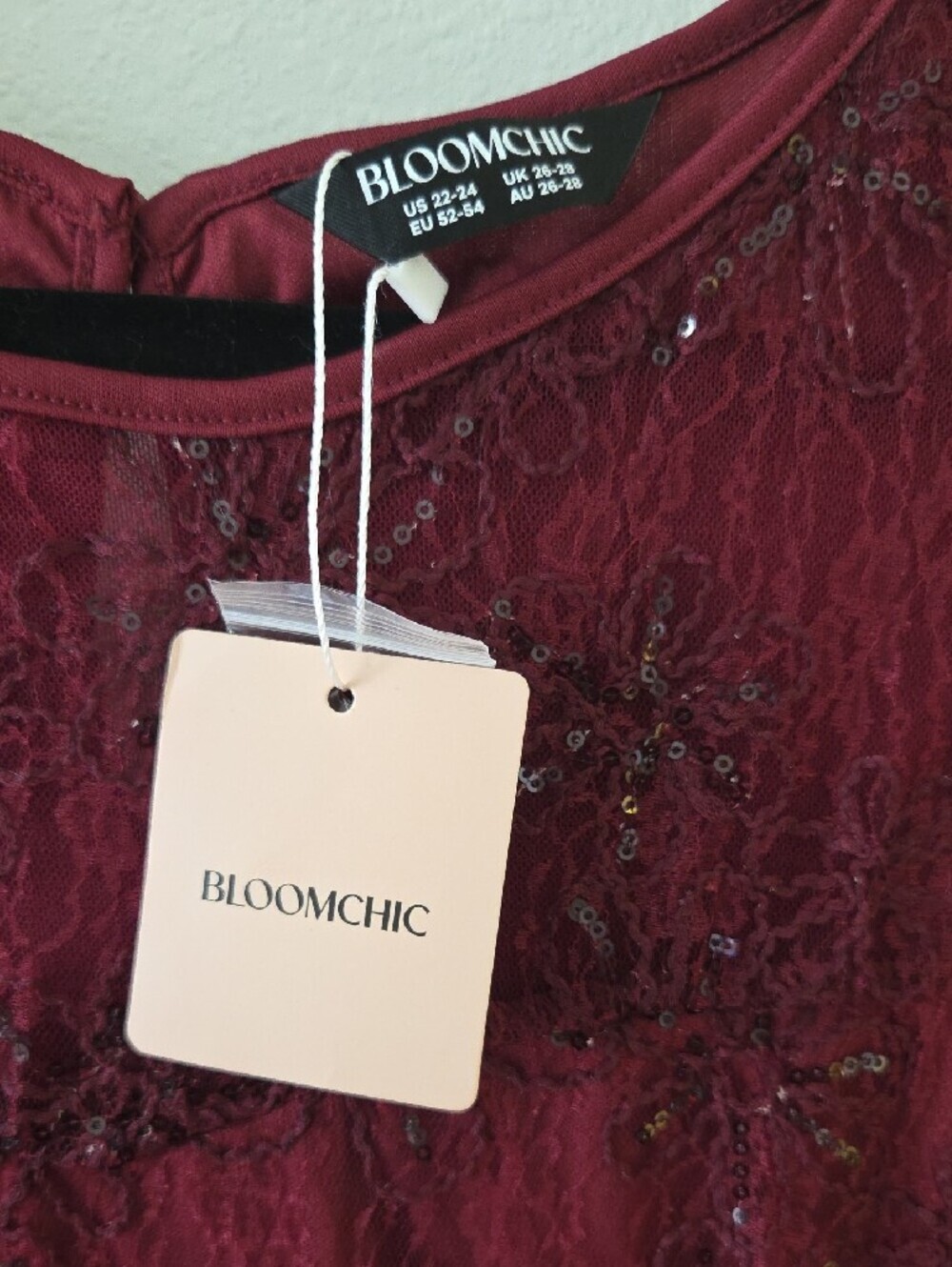 BloomChic Wine Lace Midi Dress with Sparkle - Picture 6 of 6